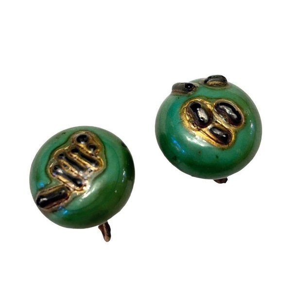 Vintage Green Abstract Dot Clip On Non-Pierced Earrings Goldtone .75" - Picture 2 of 6